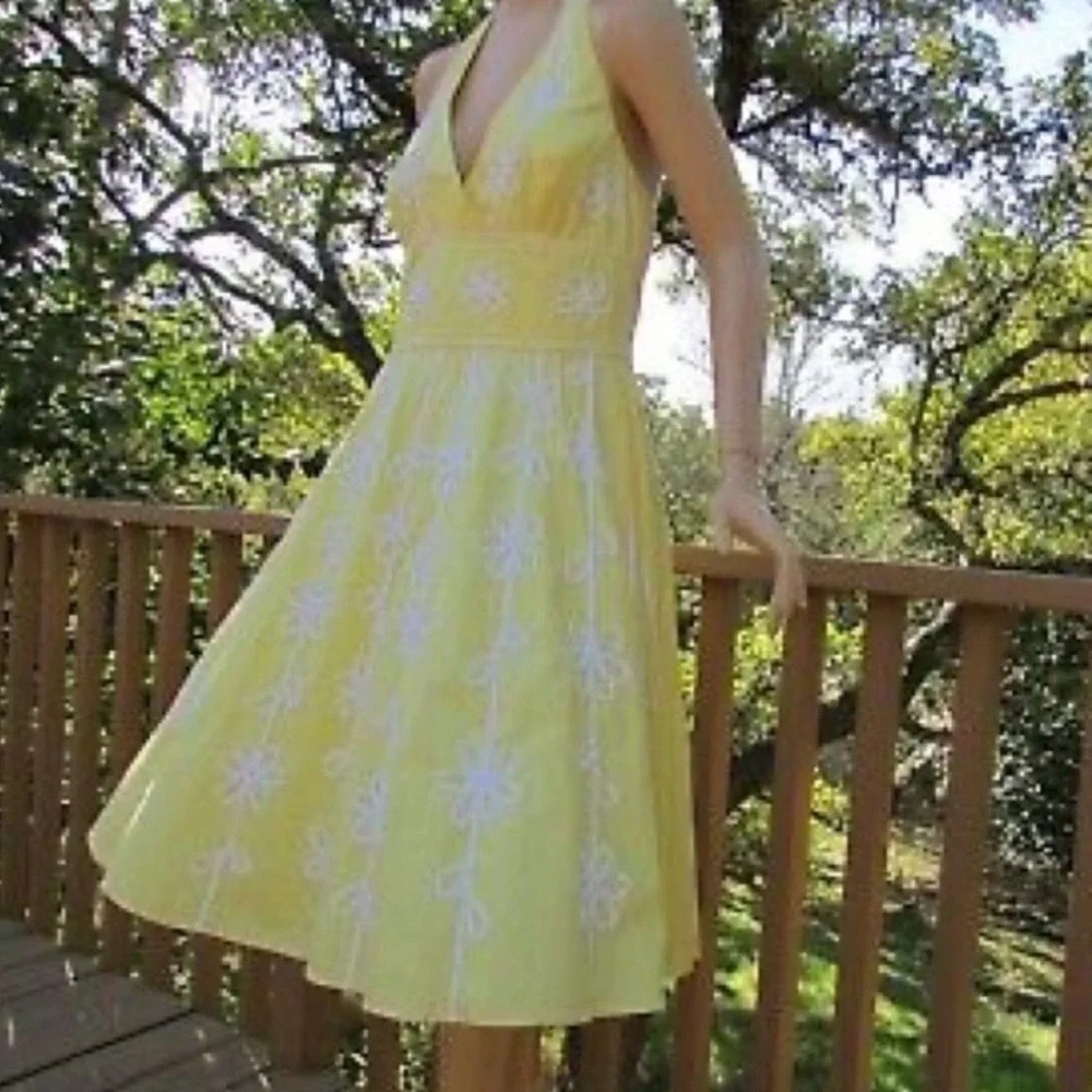 Lilly Pulitzer Willa Garden Club Halter Dress Yellow White Embroidered Size 4